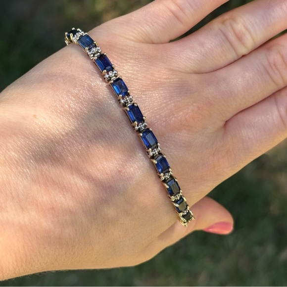 Solid 14k Yellow Gold Sapphire & Diamond Tennis Bracelet - Picture 15 of 16